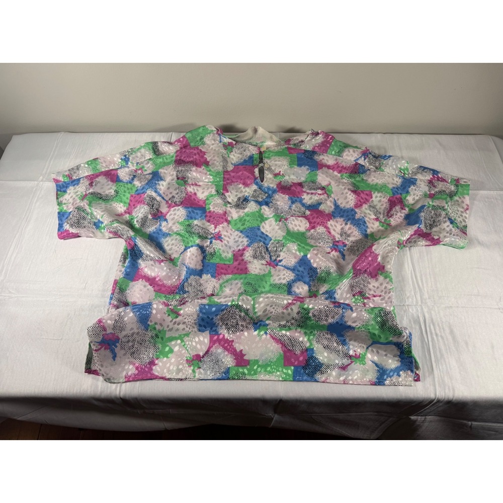 80s Eva Laurel Vintage Abstract Floral Jacquard Blouse Pink Green Blue 12